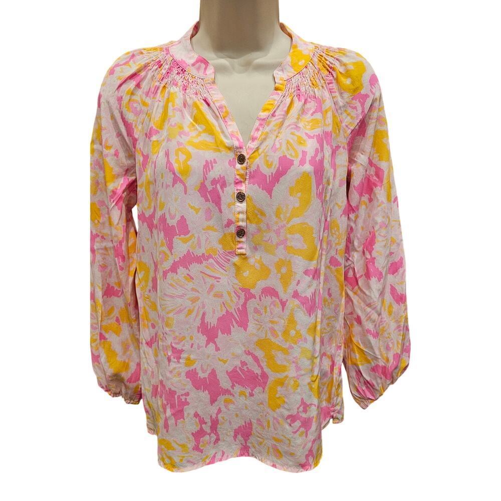 Lilly Pulitzer XXS Elsa Ooh La La Pink Yellow Floral Silk Blouse Top Blouson EUC
